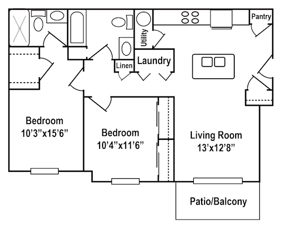 2Bed 2Bath Floor Plan at Hebron Station Apartments, Hebron, KY