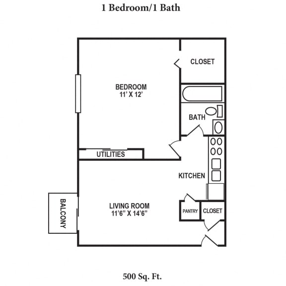 One Bed Floor Plan at Crown Crossing Apartments, Ohio