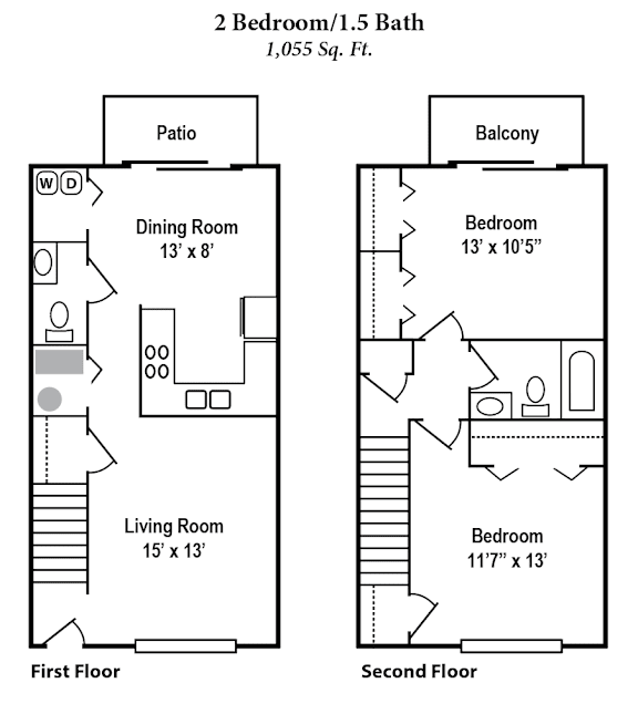 the floor plans for two bedrooms and baths include a living room and a dining room