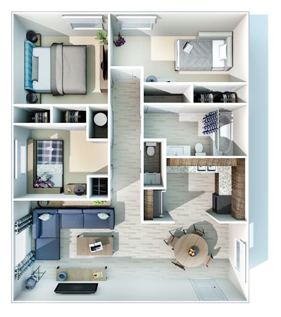 A top-down view of a small apartment with a living room, kitchen, and bedroom.