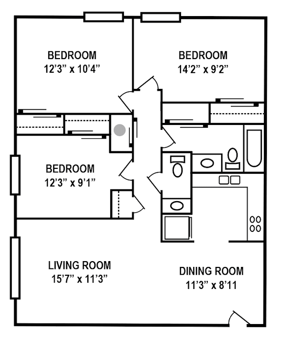 A black and white image of a floor plan for a house with four bedrooms, a living room, and a dining room.