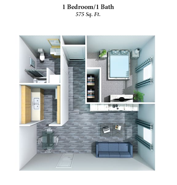 a sq ft apartment with a bathroom and a living room