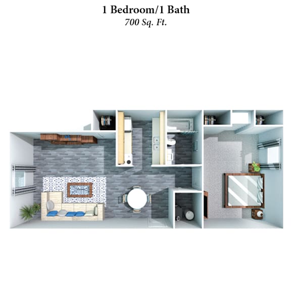a floor plan of a studio apartment with a bedroom and bathroom