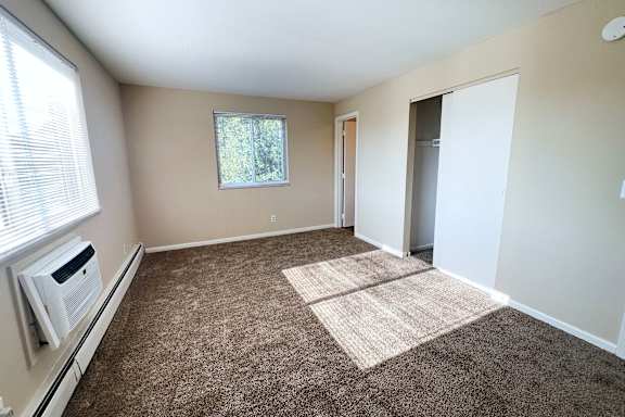 A room with a carpet, a window, and a door.