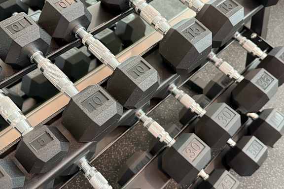 Dumbbell rack with various weight increments at The Meridian on 32 Apartments, Batavia, 45103