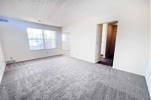 A room with a carpeted floor and a door leading to another room.