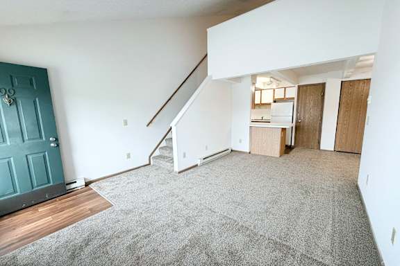 A room with a blue door and a carpeted floor.