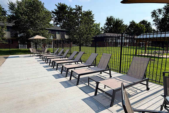 A row of sun loungers are on a concrete surface.