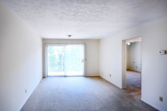 A spacious room with a carpeted floor and a sliding glass door leading to a balcony.