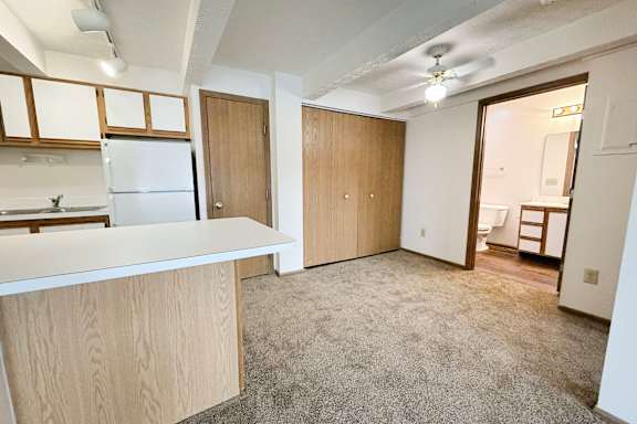 A kitchen with a white countertop and wooden cabinets.