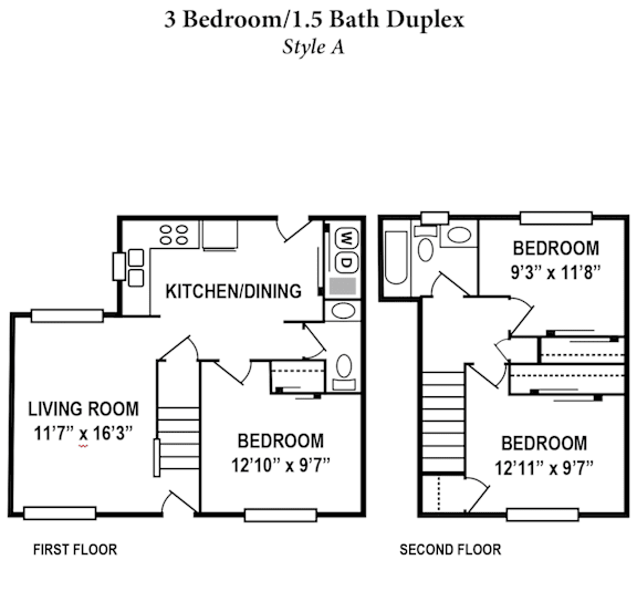 A floor plan of a 3 Bedroom/1.5 Bath Duplex in Style A.