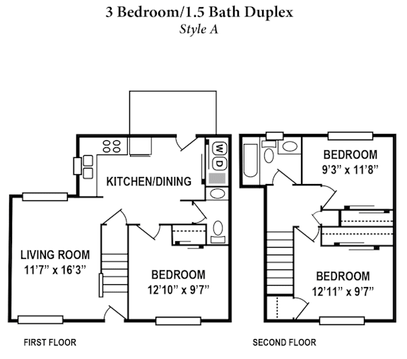 A drawing of a 3 Bedroom/1.5 Bath Duplex in Style A.