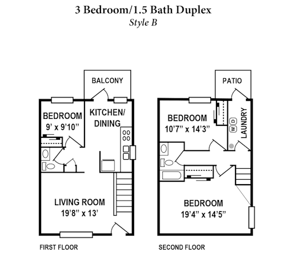 A floor plan for a 3 Bedroom/1.5 Bath Duplex in Style B.