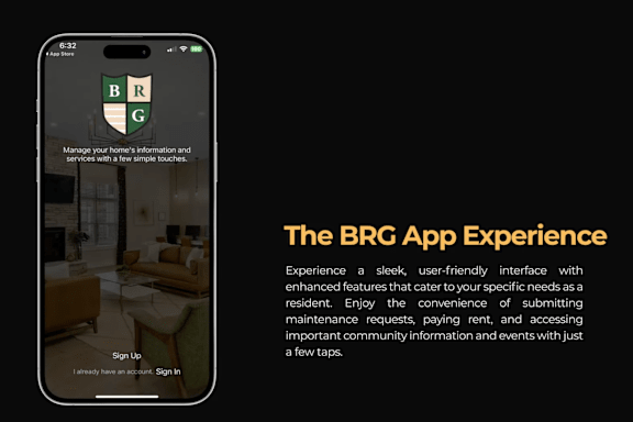 A smartphone displaying the BRG App interface with a description of the app experience.