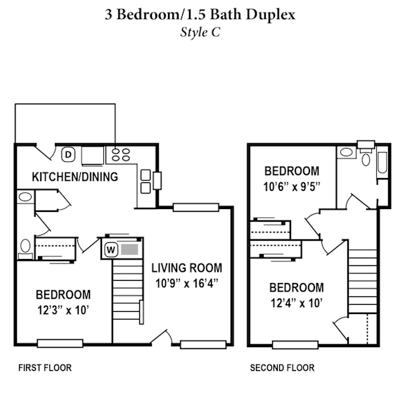 A drawing of a 3 Bedroom/1.5 Bath Duplex in Style C.
