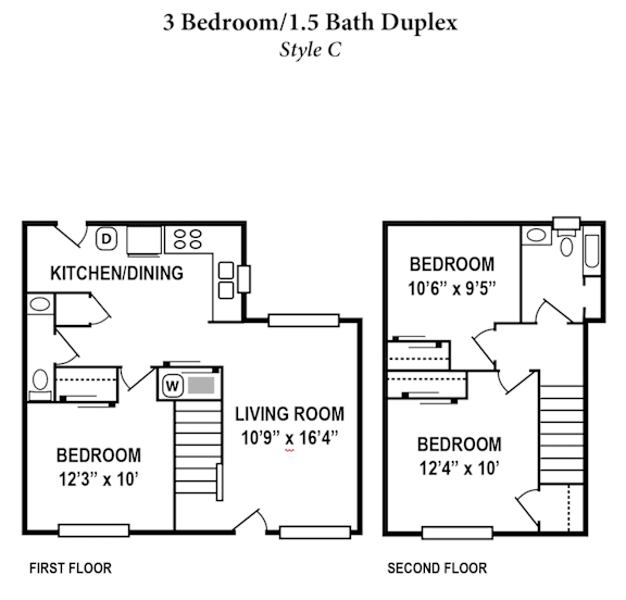 A floor plan of a 3 bedroom/1.5 bath duplex in Style C.
