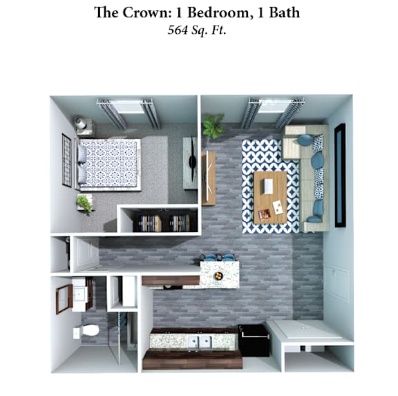 A 3D rendered image of a small apartment layout with a bedroom and bathroom.