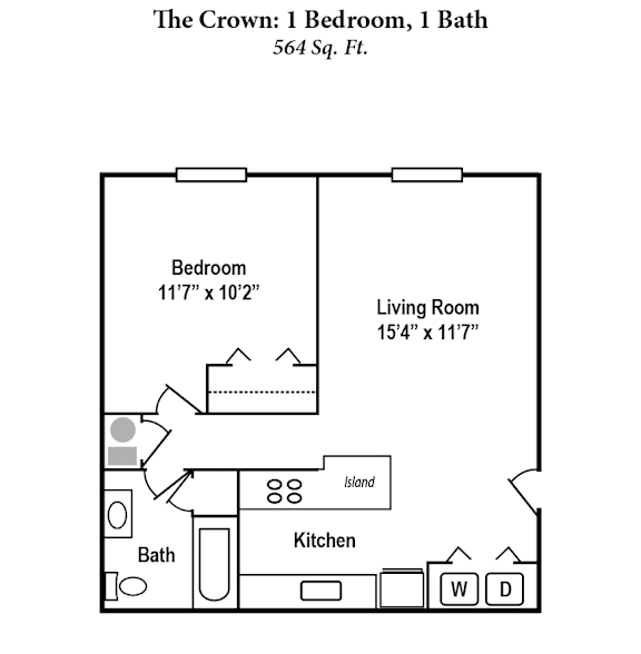 A floor plan of a 564 sq. ft. apartment with one bedroom and one bath.
