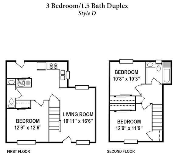 A floor plan of a 3 Bedroom/1.5 Bath Duplex in Style D.