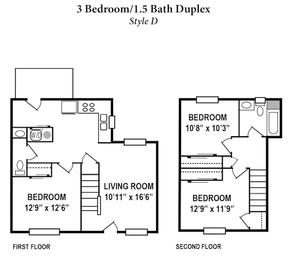 A floor plan of a 3 bedroom/1.5 bath duplex in style D.