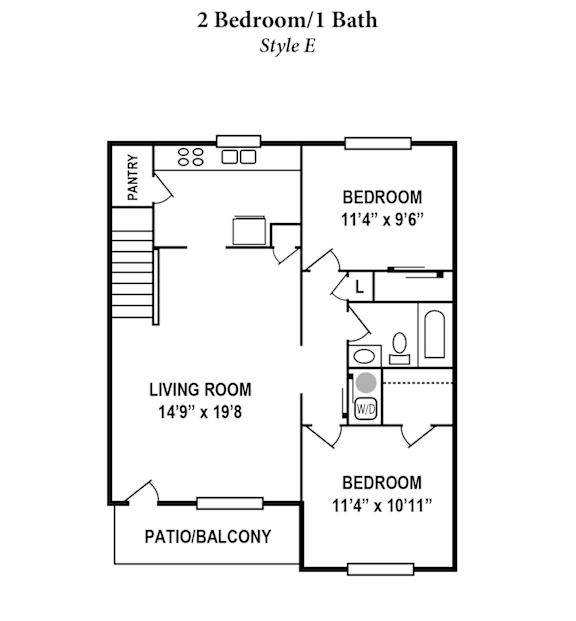 A floor plan of a 2 Bedroom/1 Bath Style E apartment.