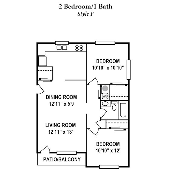 A floor plan for a 2 Bedroom/1 Bath Style F apartment.