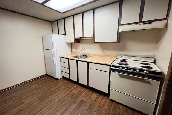 A kitchen with a stove, sink, and cabinets.