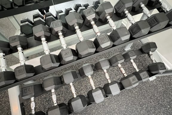 a row of dumbbells on the floor of a gym at The Vinings Apartments, Cincinnati, Ohio