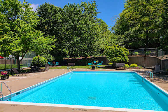 A pool surrounded by trees and chairs.