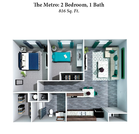 A small apartment layout with a bedroom, bathroom, and living room.