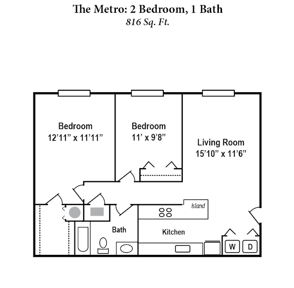 A floor plan of a one bedroom apartment with a bath.