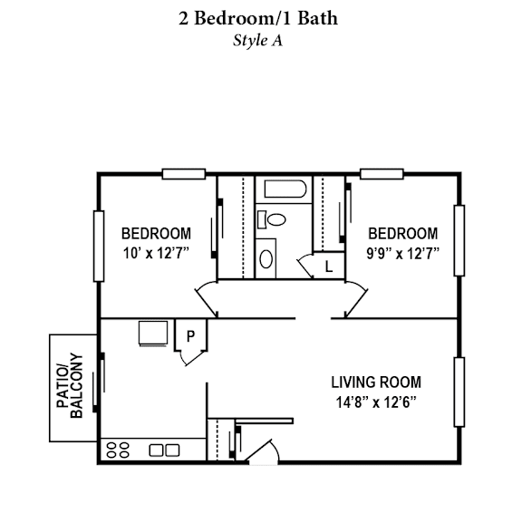 A floor plan of a 2 Bedroom/1 Bath Style A apartment.