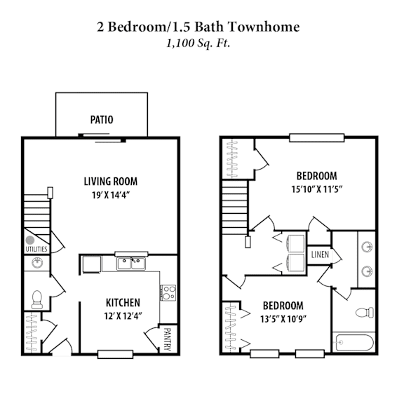 A floor plan of a 2 bedroom/1.5 bath townhome.