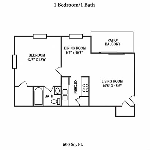 1 bed 1 bath floor plan A at Hunter Ridge Apartments, Cincinnati, Ohio