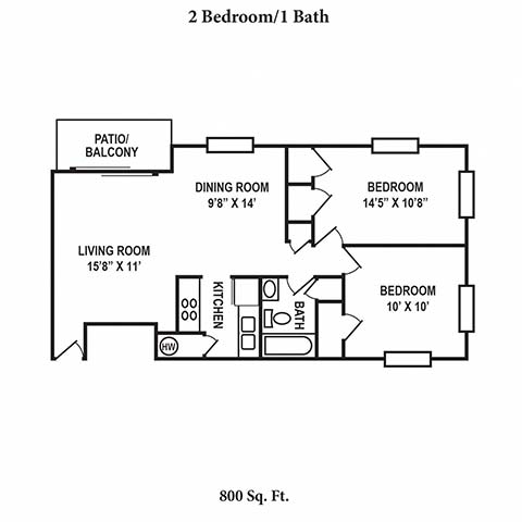 2 bed 1 bath floor plan A at Hunter Ridge Apartments, Cincinnati, OH