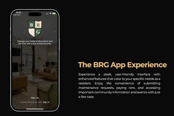 A smartphone displaying the BRG App interface with a description of the app experience.
