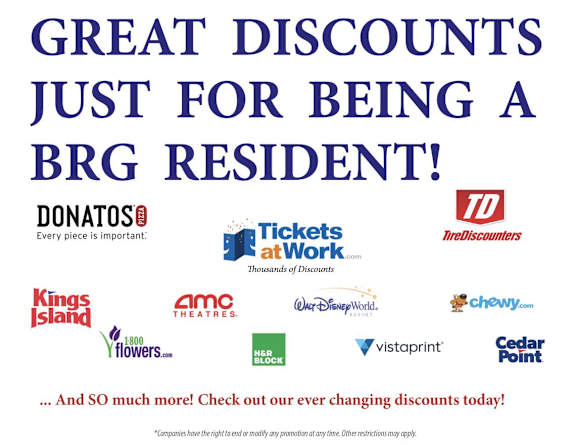 A flyer advertising great discounts for being a resident of a place called BRG.