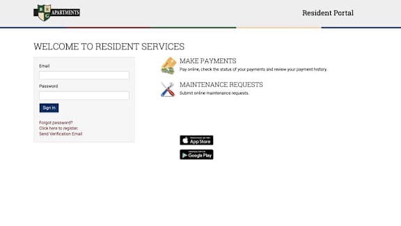 A screenshot of a resident portal page with options for making payments and submitting maintenance requests.
