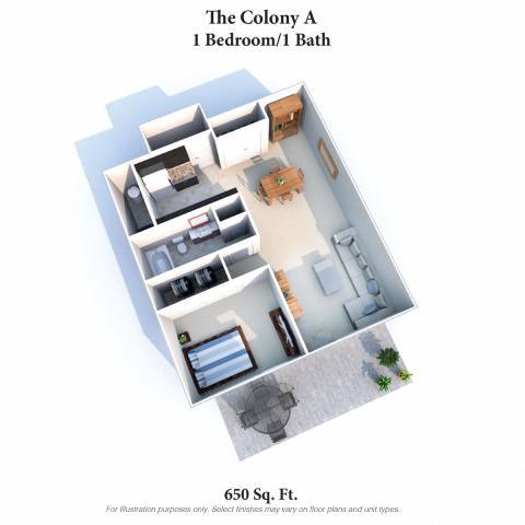 A 3D floor plan of a 1 bedroom/1 bath apartment sized at 650 square feet.