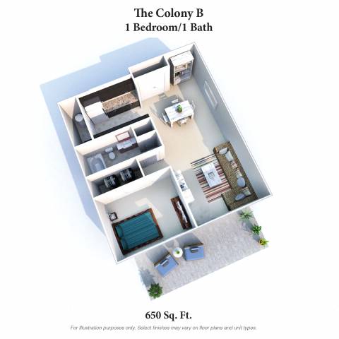 A 3D floor plan of a 1 bedroom/1 bathroom apartment sized at 650 square feet.