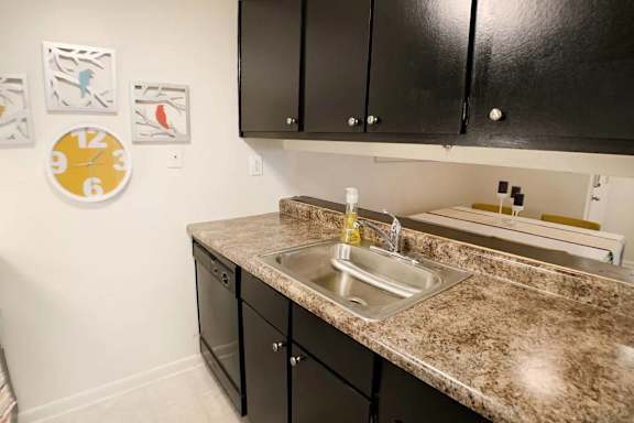 A kitchen with a granite countertop and black cabinets.