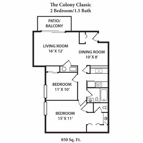 A floor plan of a 2 bedroom apartment with a living room, dining room, and two bedrooms.