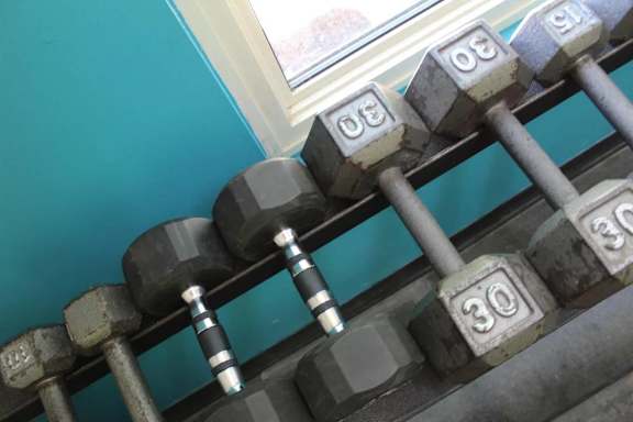 A set of dumbbells with weights of 30 lbs each.