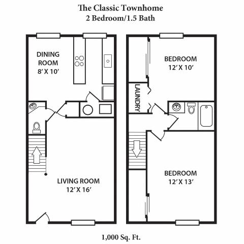 A floor plan of a 2 bedroom/1.5 bath townhome.