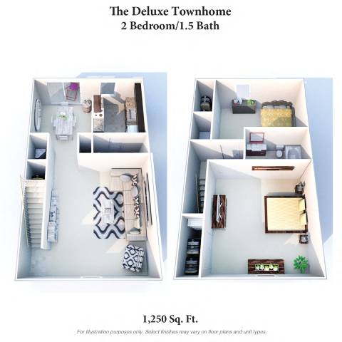 A floor plan of a 2 bedroom/1.5 bathroom apartment that is 1,250 square feet.