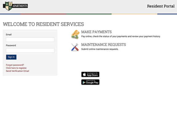 A login page for resident services with options to make payments and submit maintenance requests.