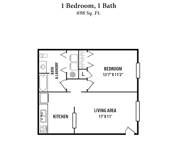 A floor plan of a 1 bedroom, 1 bath apartment sized 698 square feet.