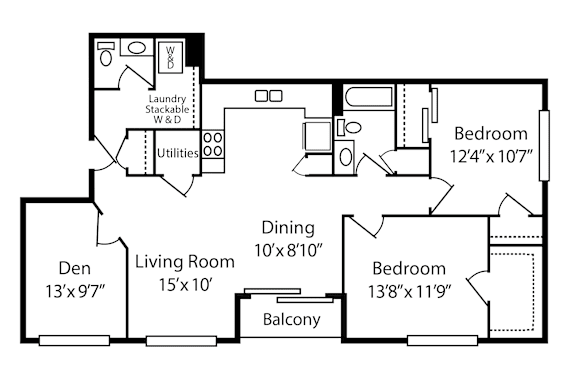 A floor plan of a home with a den, two bedrooms, a living room, and a balcony.