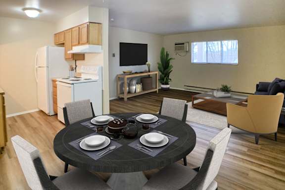 A modern dining room with a round table set for six.