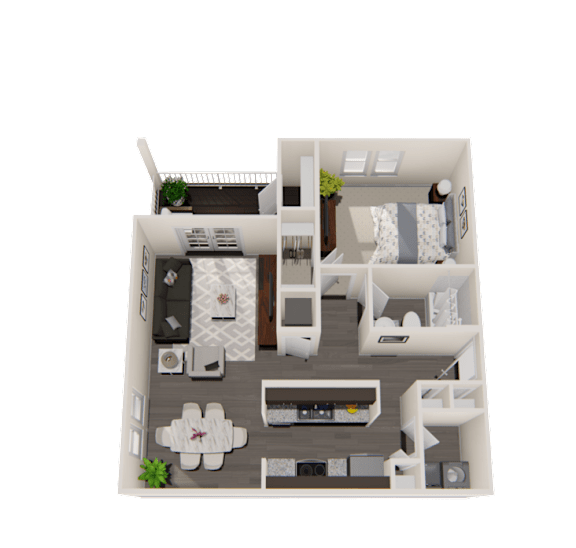 A 3D floor plan of a small apartment with a living room, kitchen, and bedroom.